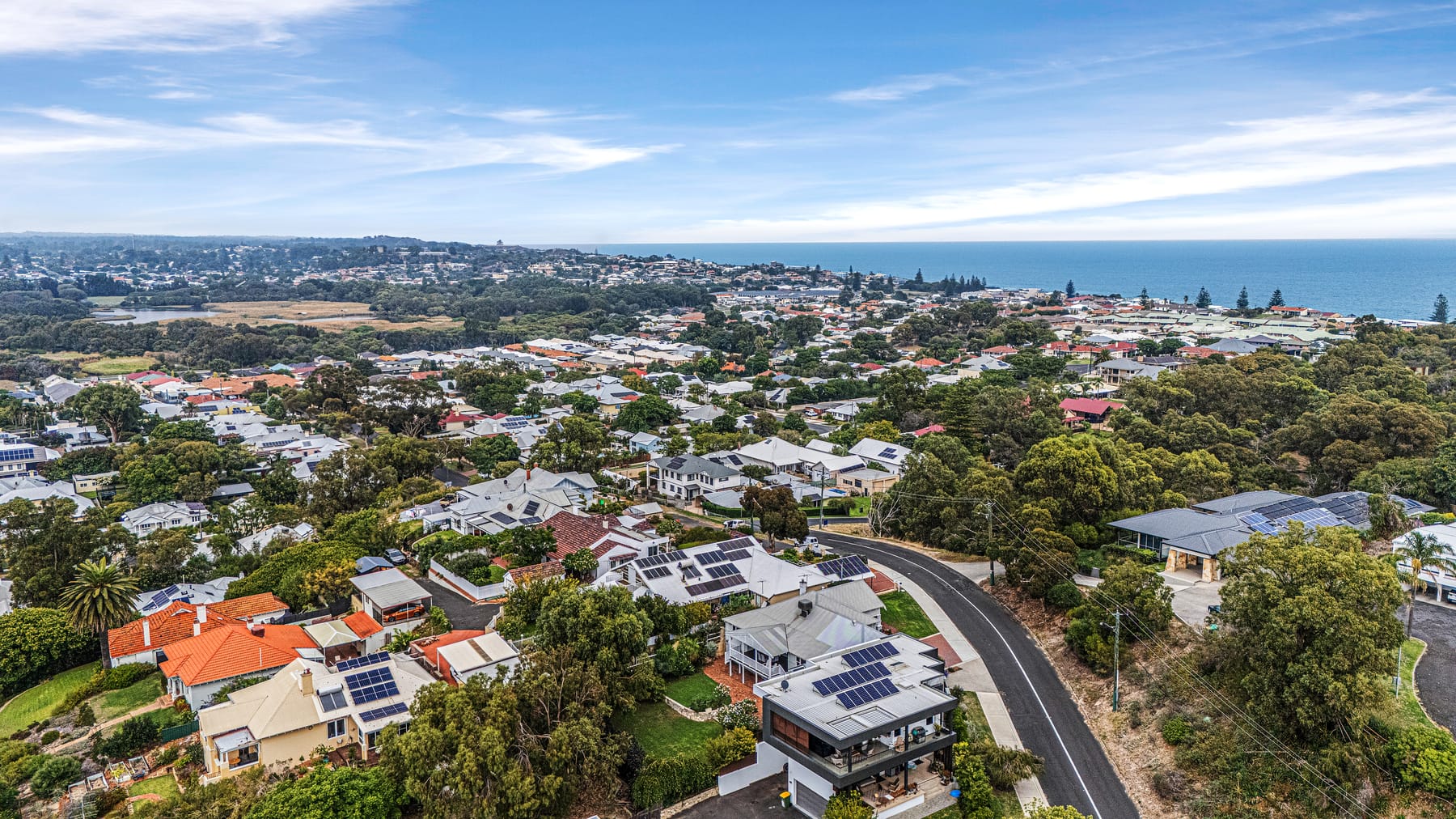 Aerial view showing a coastal residential area